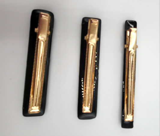 Lot de 3 barrettes artisanales uniques noir et feuilles d'ors