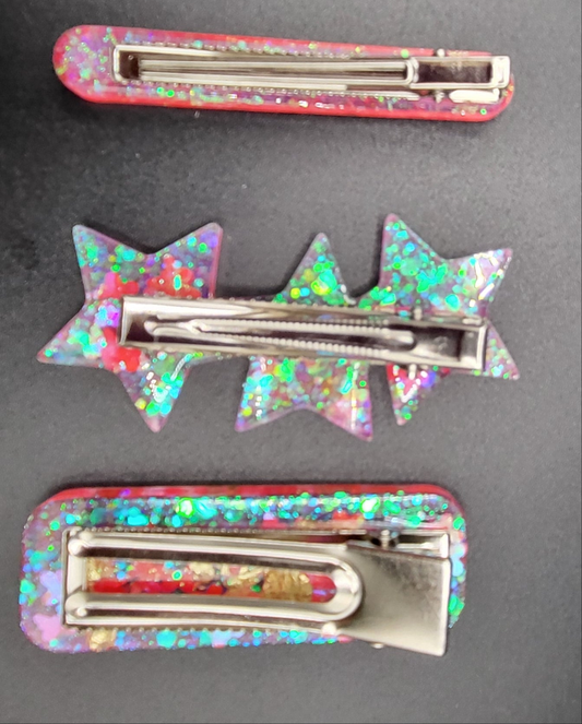 Lot 3 Barrettes holographique rose artisanales uniques