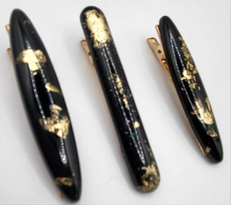 Lot de 3 barrettes artisanales uniques noir et feuilles d’or