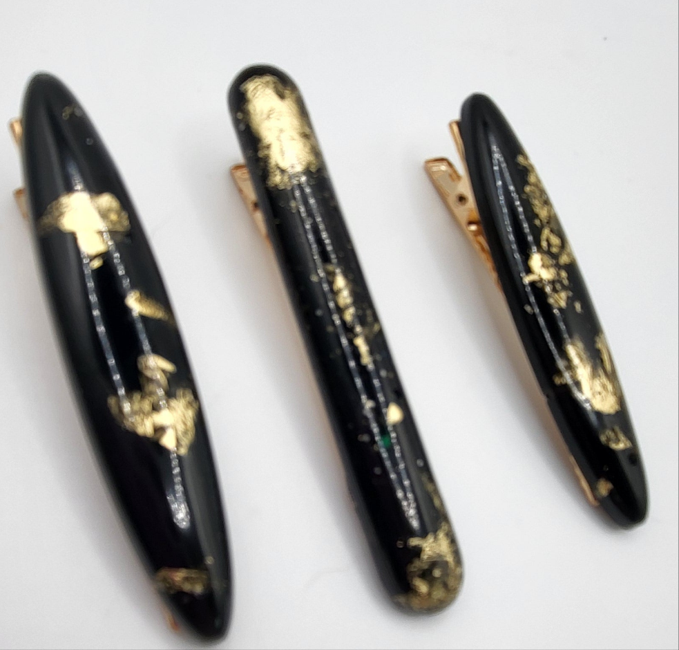 Lot de 3 barrettes artisanales uniques noir et feuilles d’or