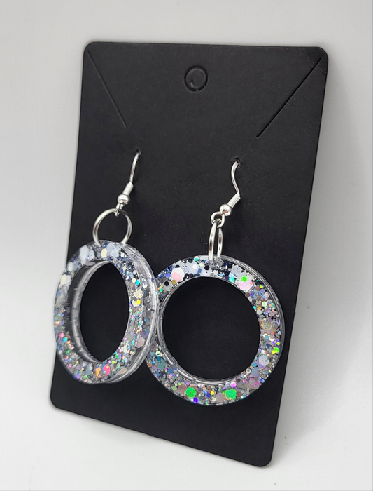 Boucles d'oreilles ronde pendantes avec paillettes argent holographique