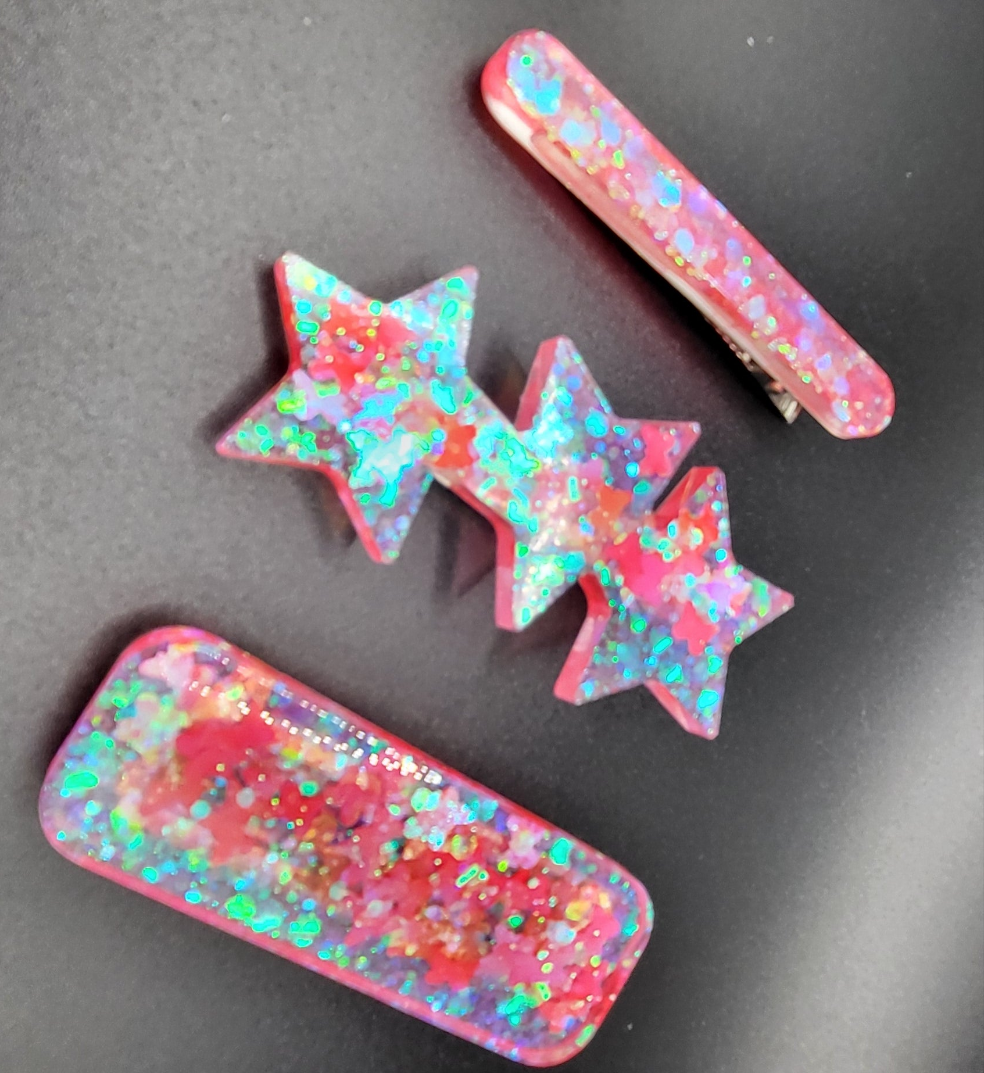 Lot 3 Barrettes holographique rose artisanales uniques
