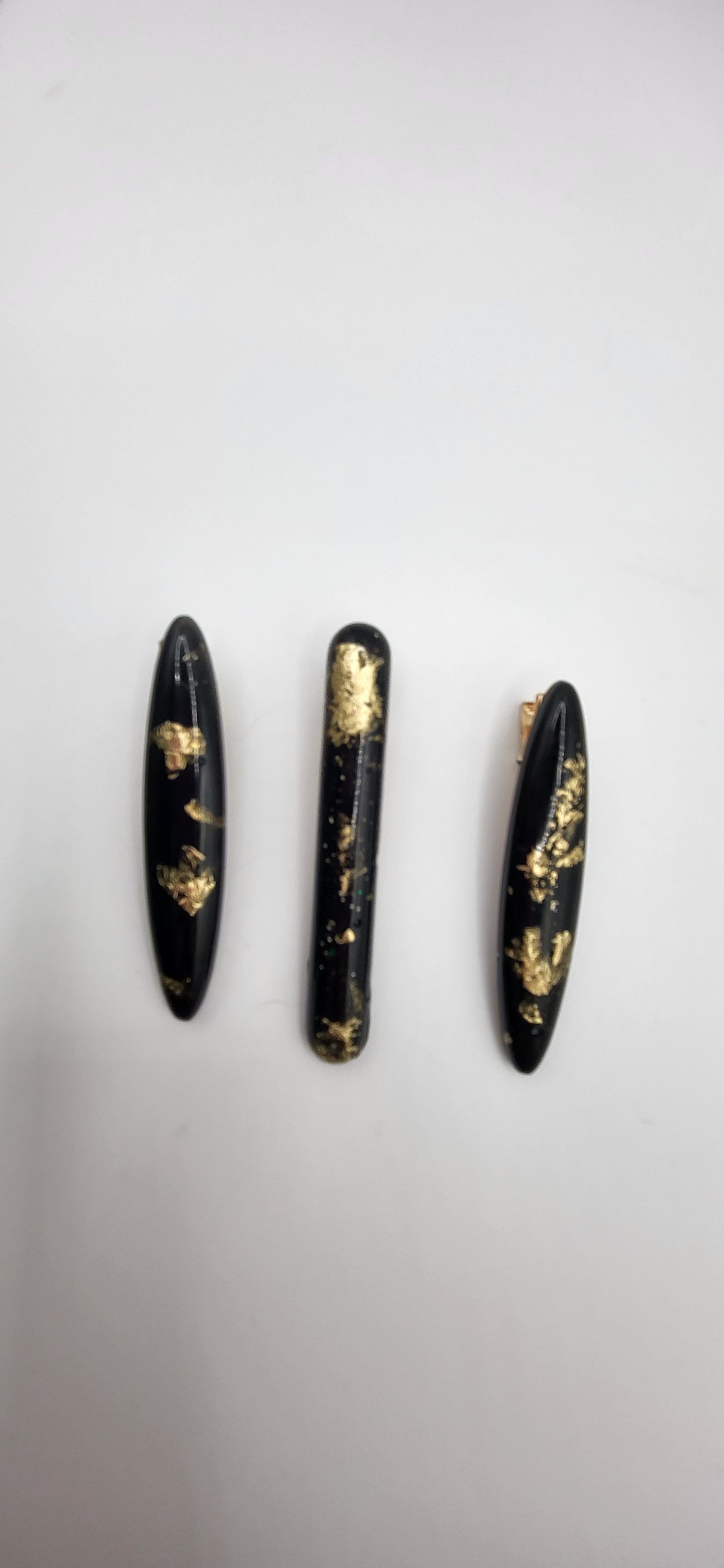 Lot de 3 barrettes artisanales uniques noir et feuilles d’or