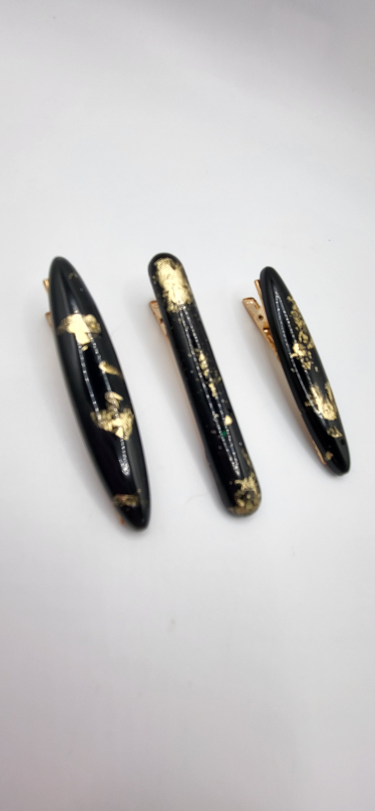 Lot de 3 barrettes artisanales uniques noir et feuilles d’or