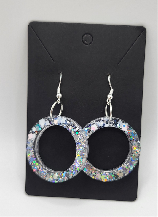 Boucles d'oreilles ronde pendantes avec paillettes argent holographique