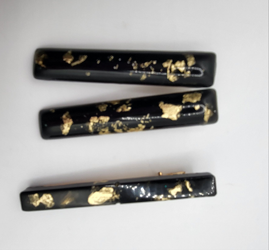 Lot de 3 barrettes artisanales uniques noir et feuilles d'ors
