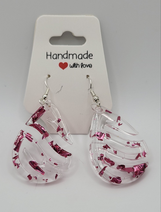 Boucles d’oreilles transparente et feuilles d'argent rose
